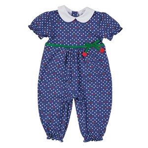 NWT Florence Eiseman Polka Dot Cherry Print Romper Longall, Size 9M (Baby Girl)